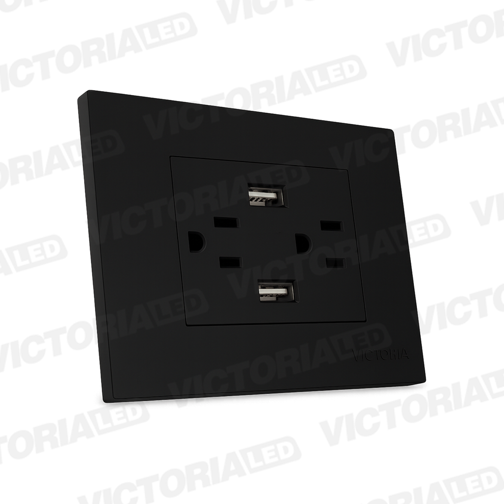 TOMACORRIENTE DOBLE + USB*2 16A 125/250V PC NEGRO 5U/C